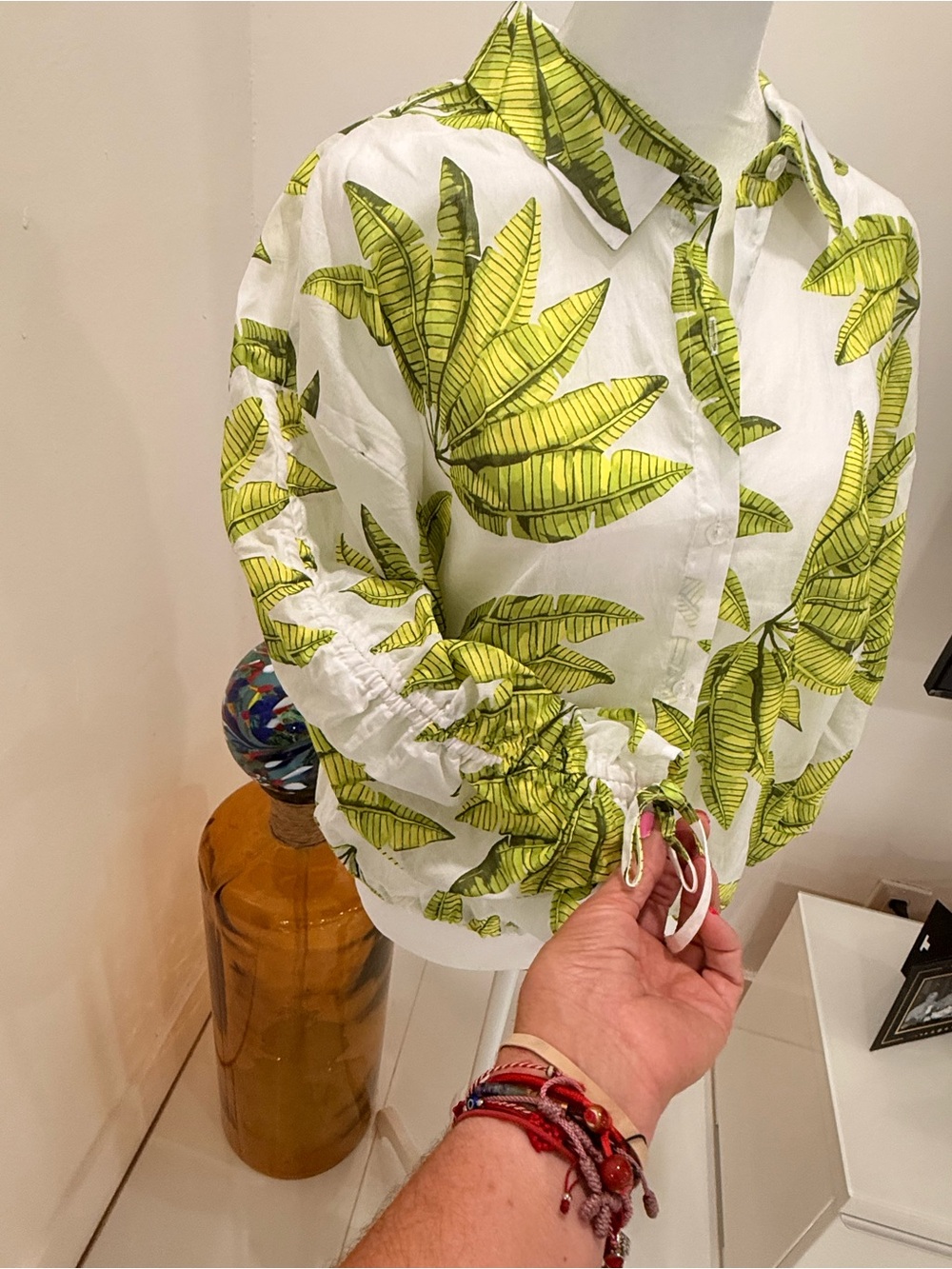 Marc New York White Shirt with Lime Green Leaf Print